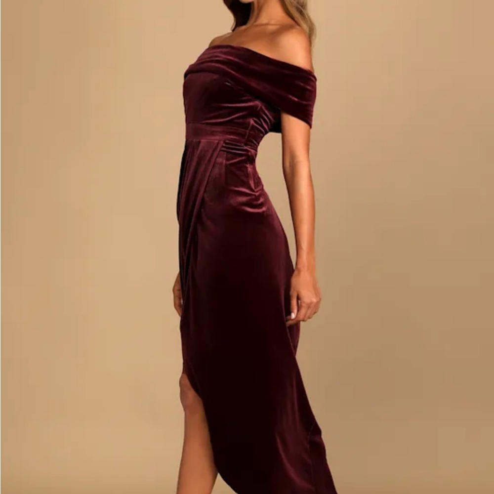 Lulus Enchanted Burgundy Velvet Off Shoulder Maxi Dress Elegant Formal Gown